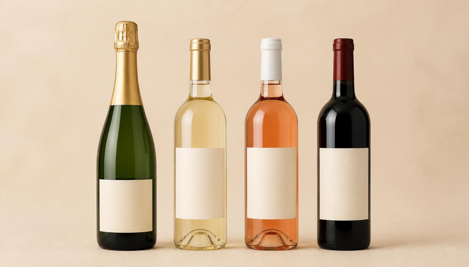 Sparkling, white, rosé and red wine bottles with blank labels