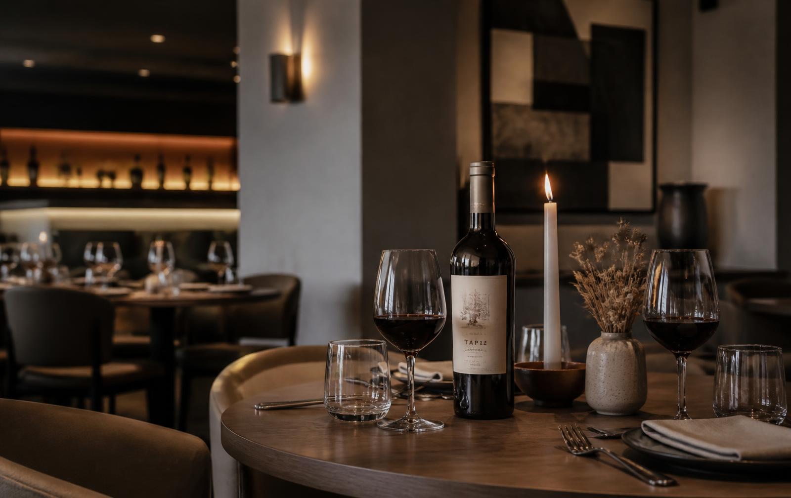 Candlelit restaurant table set with wine