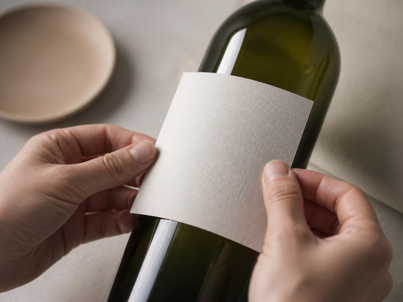 Hands placing a blank paper label onto a wine bottle
